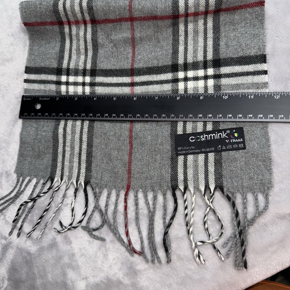 Vintage Unisex V Fraas Gray Plaid Cashmink Winter Scarf Fringed 70 Inch - Picture 3 of 4